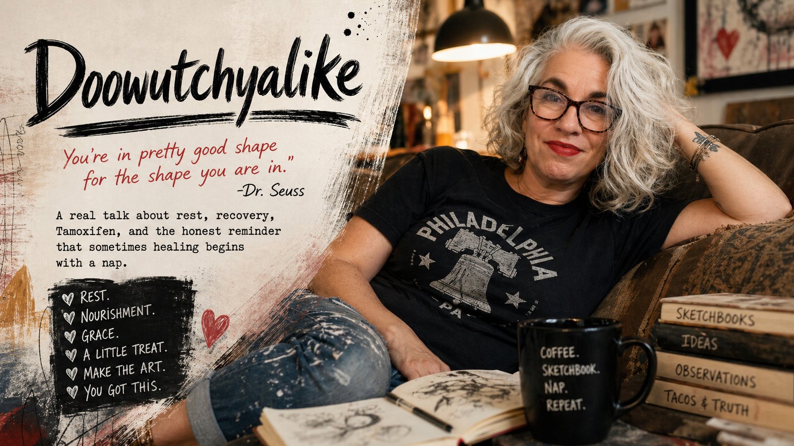 A silver-haired woman artist rests on a couch beside sketchbooks, coffee, and hand-lettered notes about rest, recovery, and self-care.