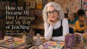 Art classroom table with children’s artwork, sculpture materials, printmaking tools, and handmade books representing Emily-Kate Niskey’s art-immersed teaching practice.
