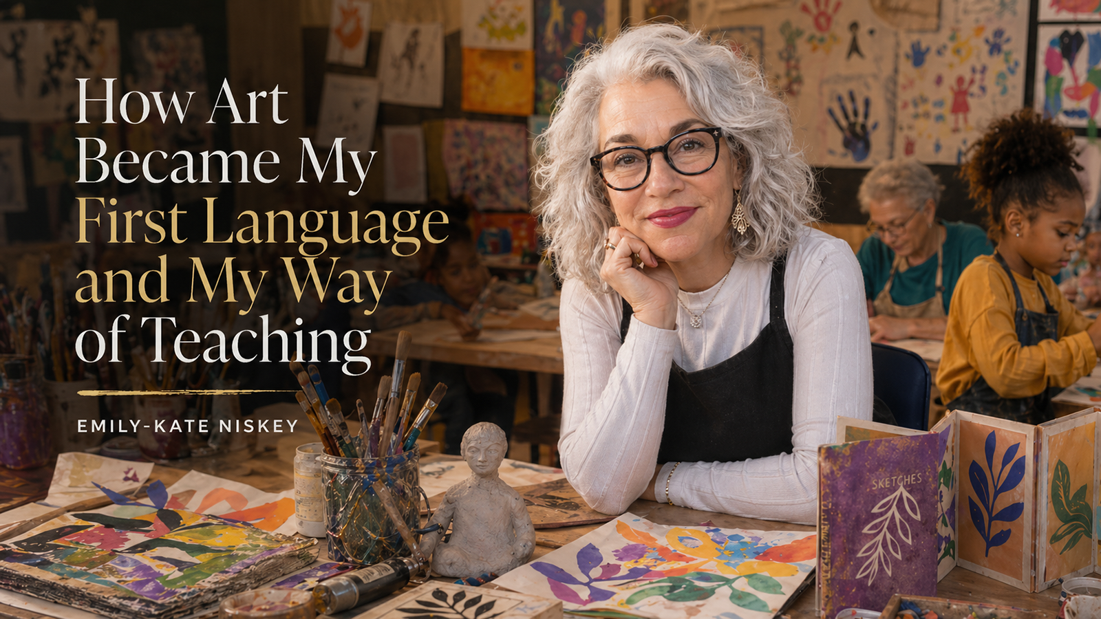 Art classroom table with children’s artwork, sculpture materials, printmaking tools, and handmade books representing Emily-Kate Niskey’s art-immersed teaching practice.