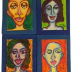 Four expressive portrait paintings by Emily-Kate Niskey mounted together in blue frames, featuring colorful stylized faces.