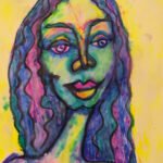 Expressive portrait by Emily-Kate Niskey featuring a green and blue face with purple hair, pink lips, and a bright yellow background.