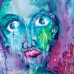 Abstract watercolor portrait by Emily-Kate Niskey featuring a face in teal, blue, green, purple, and pink washes with large eyes and flowing paint drips.