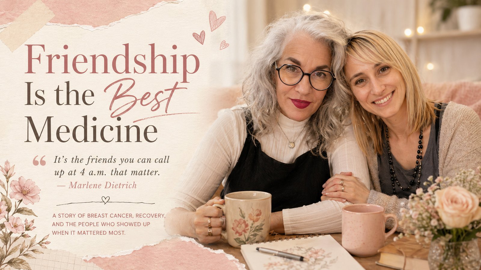 Emily-Kate Niskey and Karin Miller sit together with coffee and sketchbooks in a warm image about friendship, breast cancer recovery, and support.