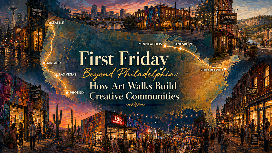 Illustrated map of the United States connecting Seattle, Oakland, Phoenix, Las Vegas, Minneapolis, Lanesboro, and Philadelphia with scenes of art walks and galleries.