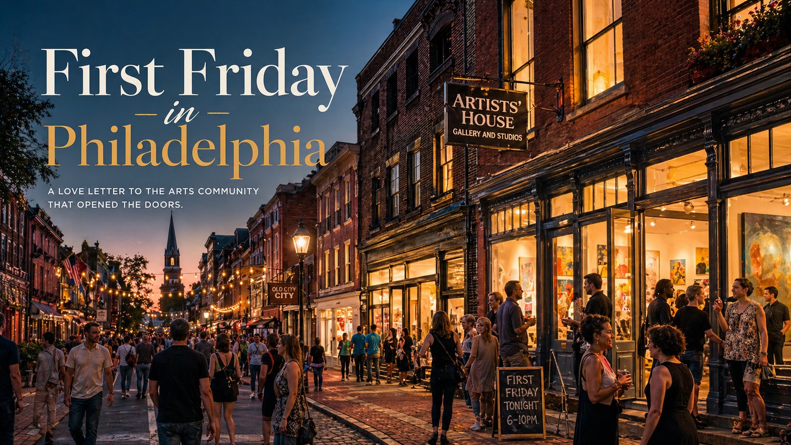 Crowds walk through Old City Philadelphia at dusk during First Friday, with glowing gallery windows, brick buildings, and people gathering outside art spaces.
