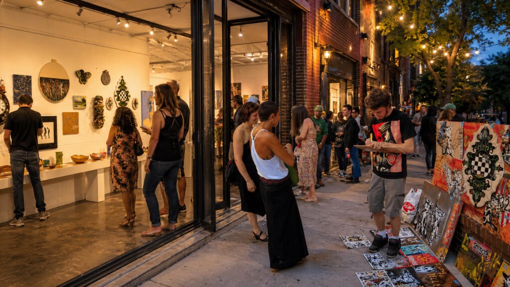 People visit a gallery and browse sidewalk artwork during a First Friday art event in Philadelphia’s Old City arts district.