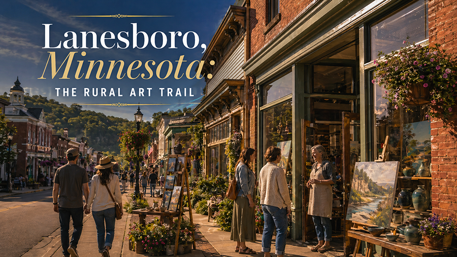 Visitors explore a small-town Minnesota art trail in Lanesboro, with galleries, pottery, paintings, flowers, historic storefronts, and bluff country hills.