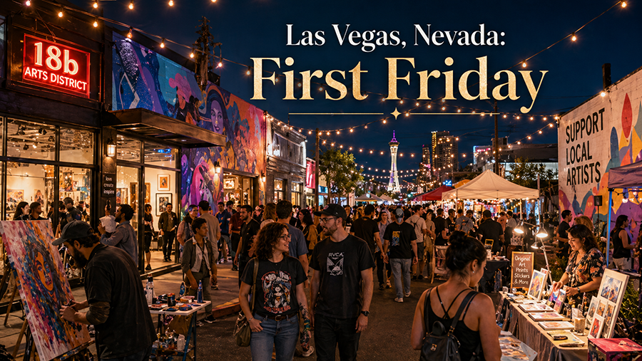 Crowds fill the Las Vegas Arts District during First Friday, with neon lights, local artists, galleries, vendor tents, and street art.