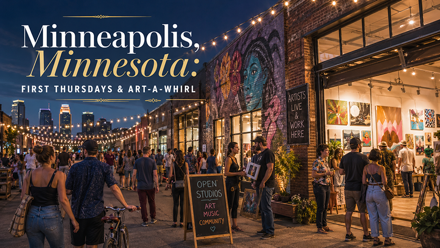 Visitors walk through Northeast Minneapolis during an open studio art event, with warehouse galleries, murals, string lights, and artists welcoming the public.