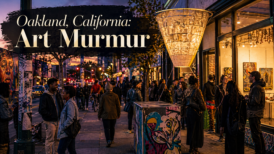 People gather outside Oakland galleries during Art Murmur, with street art, warm gallery lights, murals, and evening neighborhood energy.