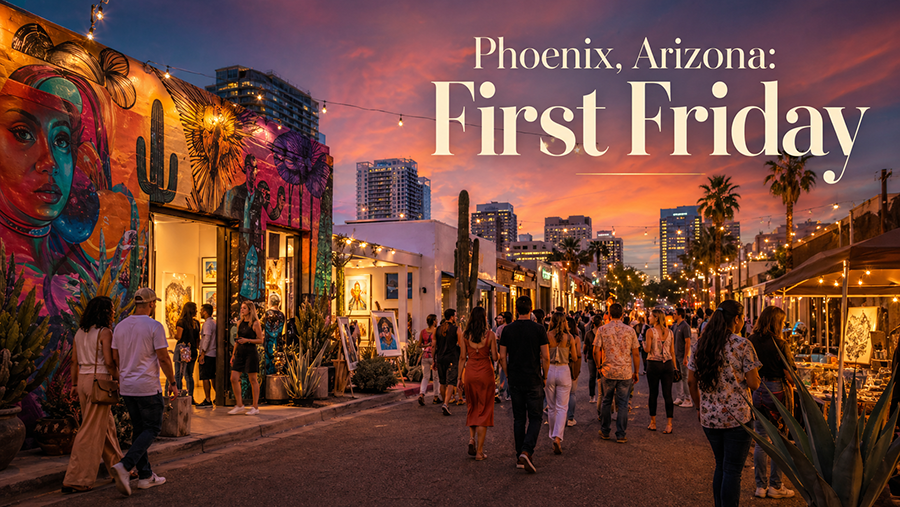 Crowds walk through a Phoenix First Friday art event at sunset, surrounded by colorful murals, desert plants, galleries, and street vendors.