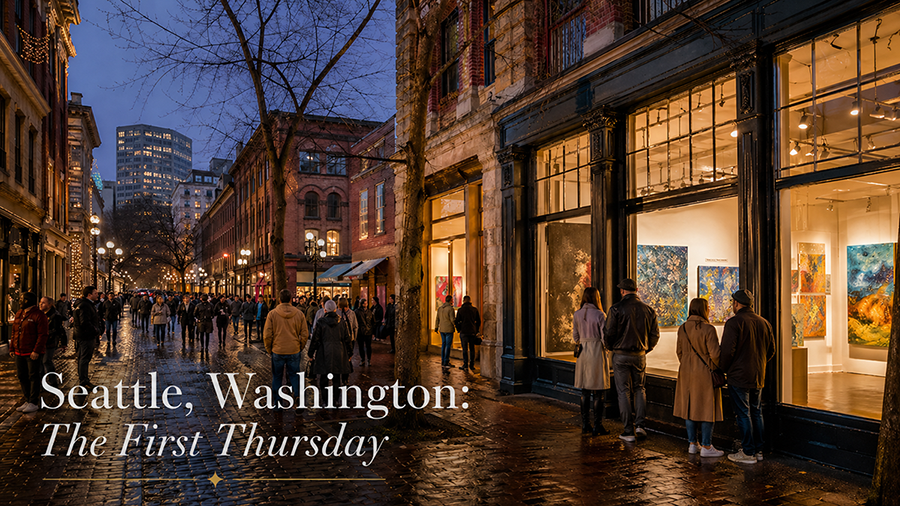 Visitors walk through Seattle’s Pioneer Square at dusk during a First Thursday art walk, with glowing gallery windows and wet brick streets.
